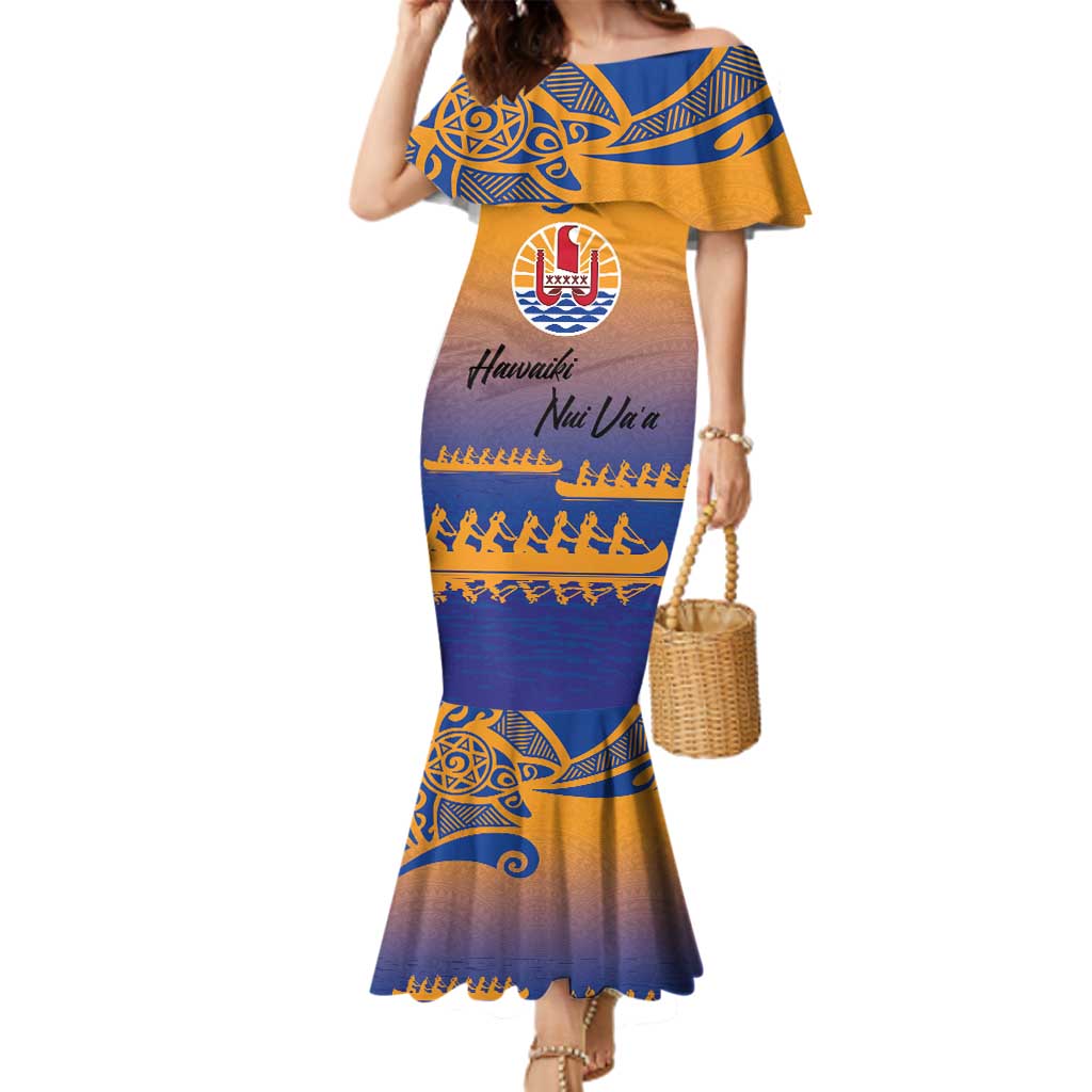 Personalised Hawaiki Nui Va'a French Polynesian Pattern Family Matching Mermaid Dress and Hawaiian Shirt Sunset Color LT03 Mom's Dress Yellow - Polynesian Pride