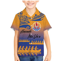 Personalised Hawaiki Nui Va'a French Polynesian Pattern Family Matching Mermaid Dress and Hawaiian Shirt Sunset Color LT03 Son's Shirt Yellow - Polynesian Pride