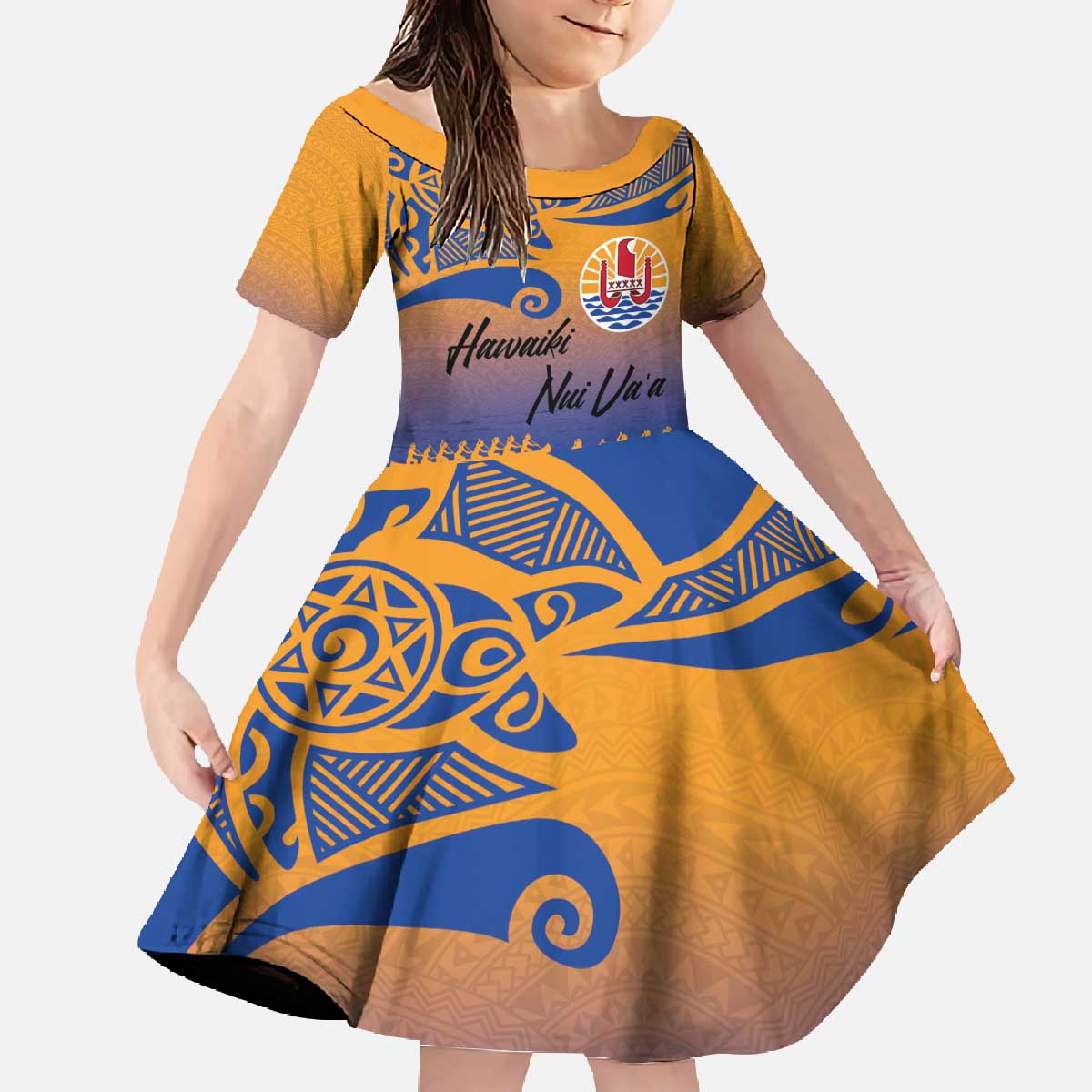 Personalised Hawaiki Nui Va'a French Polynesian Pattern Family Matching Off The Shoulder Long Sleeve Dress and Hawaiian Shirt Sunset Color LT03 Daughter's Dress Yellow - Polynesian Pride