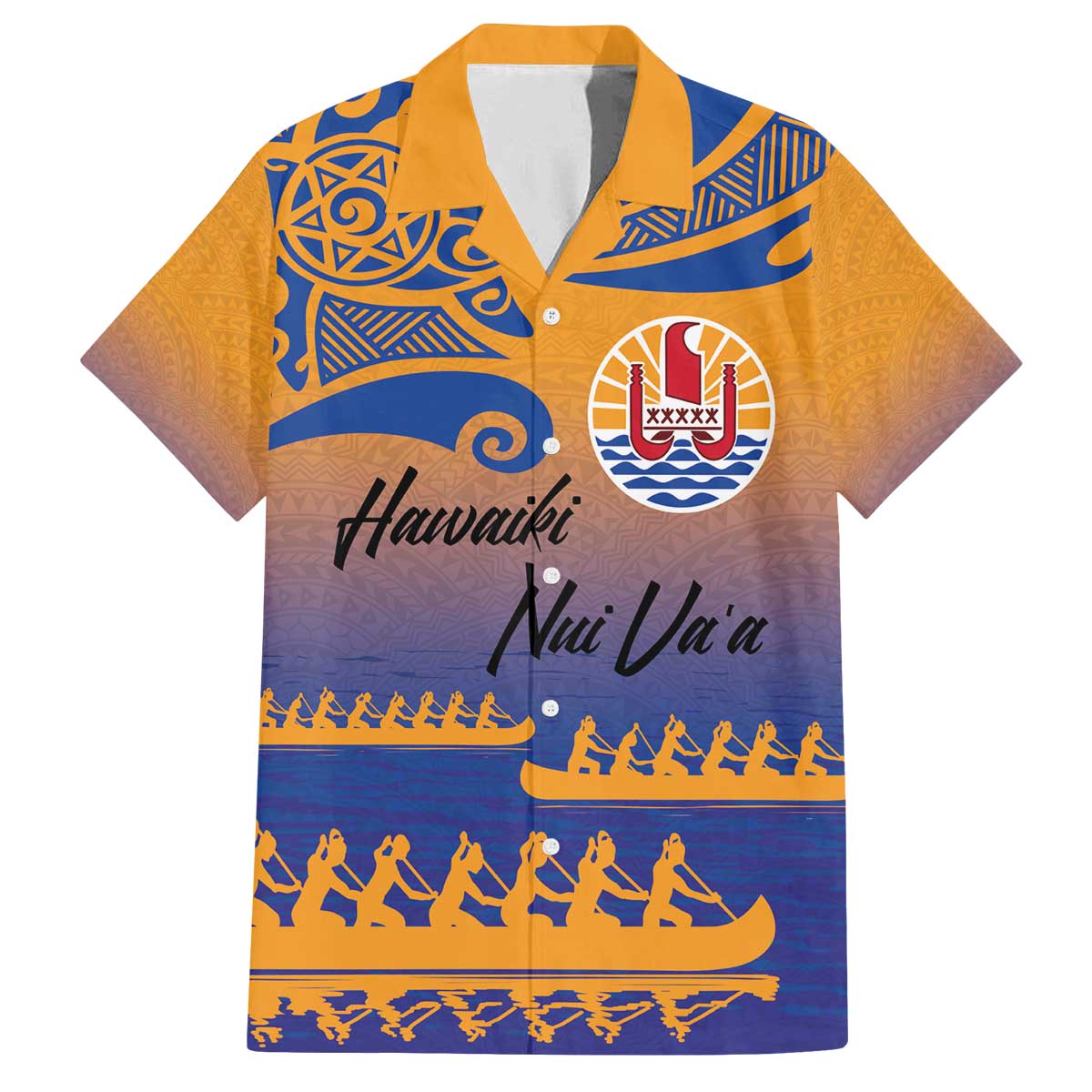 Personalised Hawaiki Nui Va'a French Polynesian Pattern Family Matching Off The Shoulder Long Sleeve Dress and Hawaiian Shirt Sunset Color LT03 Dad's Shirt - Short Sleeve Yellow - Polynesian Pride
