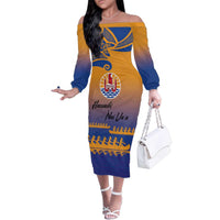 Personalised Hawaiki Nui Va'a French Polynesian Pattern Family Matching Off The Shoulder Long Sleeve Dress and Hawaiian Shirt Sunset Color LT03 Mom's Dress Yellow - Polynesian Pride