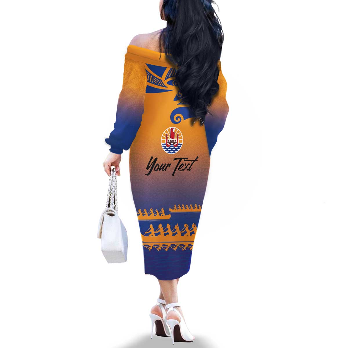 Personalised Hawaiki Nui Va'a French Polynesian Pattern Family Matching Off The Shoulder Long Sleeve Dress and Hawaiian Shirt Sunset Color LT03 - Polynesian Pride
