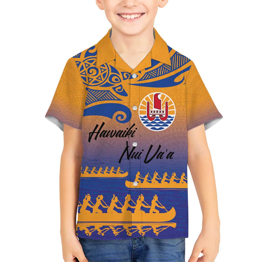 Personalised Hawaiki Nui Va'a French Polynesian Pattern Family Matching Off Shoulder Maxi Dress and Hawaiian Shirt Sunset Color LT03 Son's Shirt Yellow - Polynesian Pride