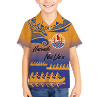 Personalised Hawaiki Nui Va'a French Polynesian Pattern Family Matching Off Shoulder Maxi Dress and Hawaiian Shirt Sunset Color LT03 Son's Shirt Yellow - Polynesian Pride