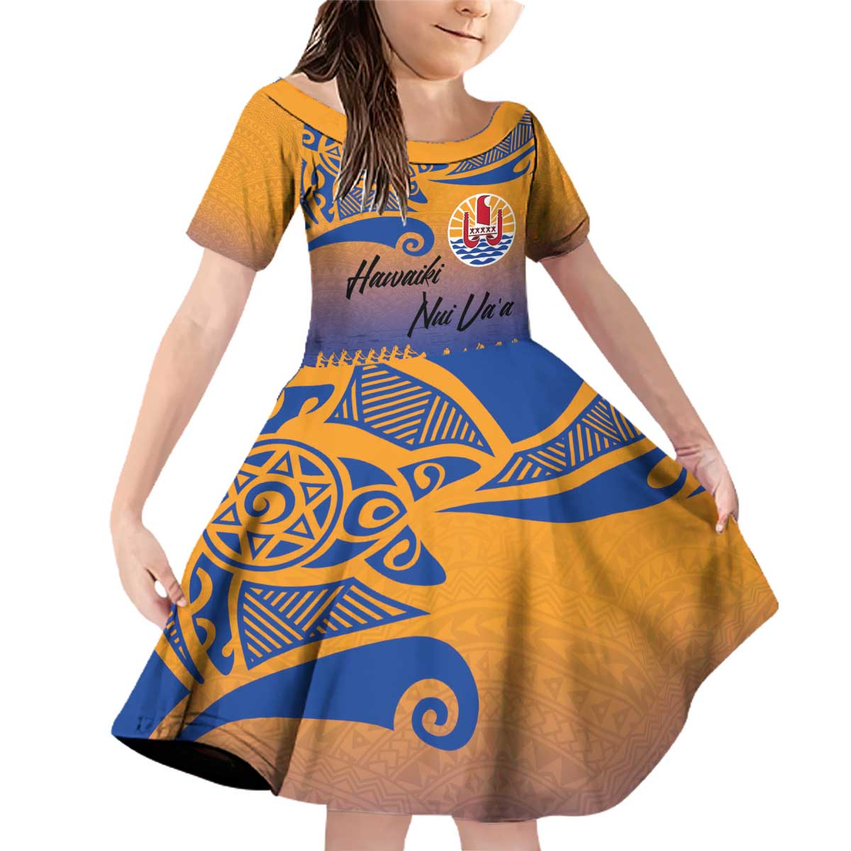 Personalised Hawaiki Nui Va'a French Polynesian Pattern Family Matching Off Shoulder Short Dress and Hawaiian Shirt Sunset Color LT03 Daughter's Dress Yellow - Polynesian Pride