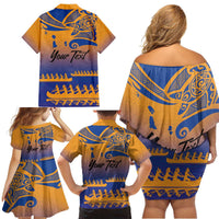 Personalised Hawaiki Nui Va'a French Polynesian Pattern Family Matching Off Shoulder Short Dress and Hawaiian Shirt Sunset Color LT03 - Polynesian Pride