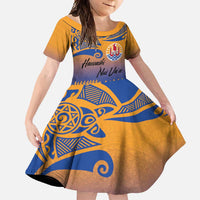 Personalised Hawaiki Nui Va'a French Polynesian Pattern Family Matching Short Sleeve Bodycon Dress and Hawaiian Shirt Sunset Color LT03 Daughter's Dress Yellow - Polynesian Pride