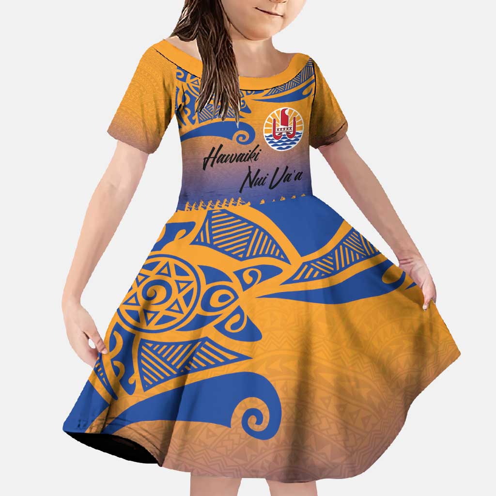 Personalised Hawaiki Nui Va'a French Polynesian Pattern Family Matching Tank Maxi Dress and Hawaiian Shirt Sunset Color LT03 Daughter's Dress Yellow - Polynesian Pride