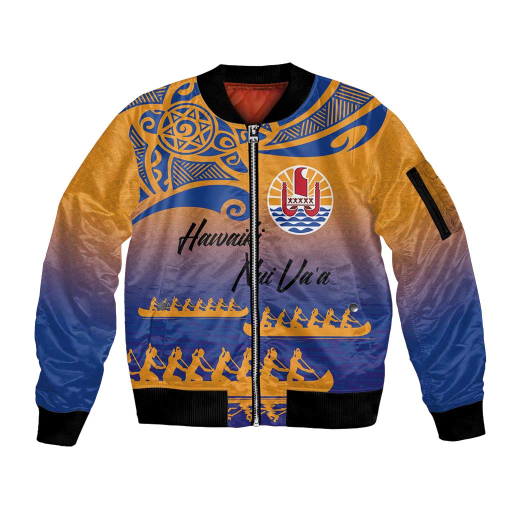 Personalised Hawaiki Nui Va'a French Polynesian Pattern Sleeve Zip Bomber Jacket Sunset Color LT03 Unisex Yellow - Polynesian Pride