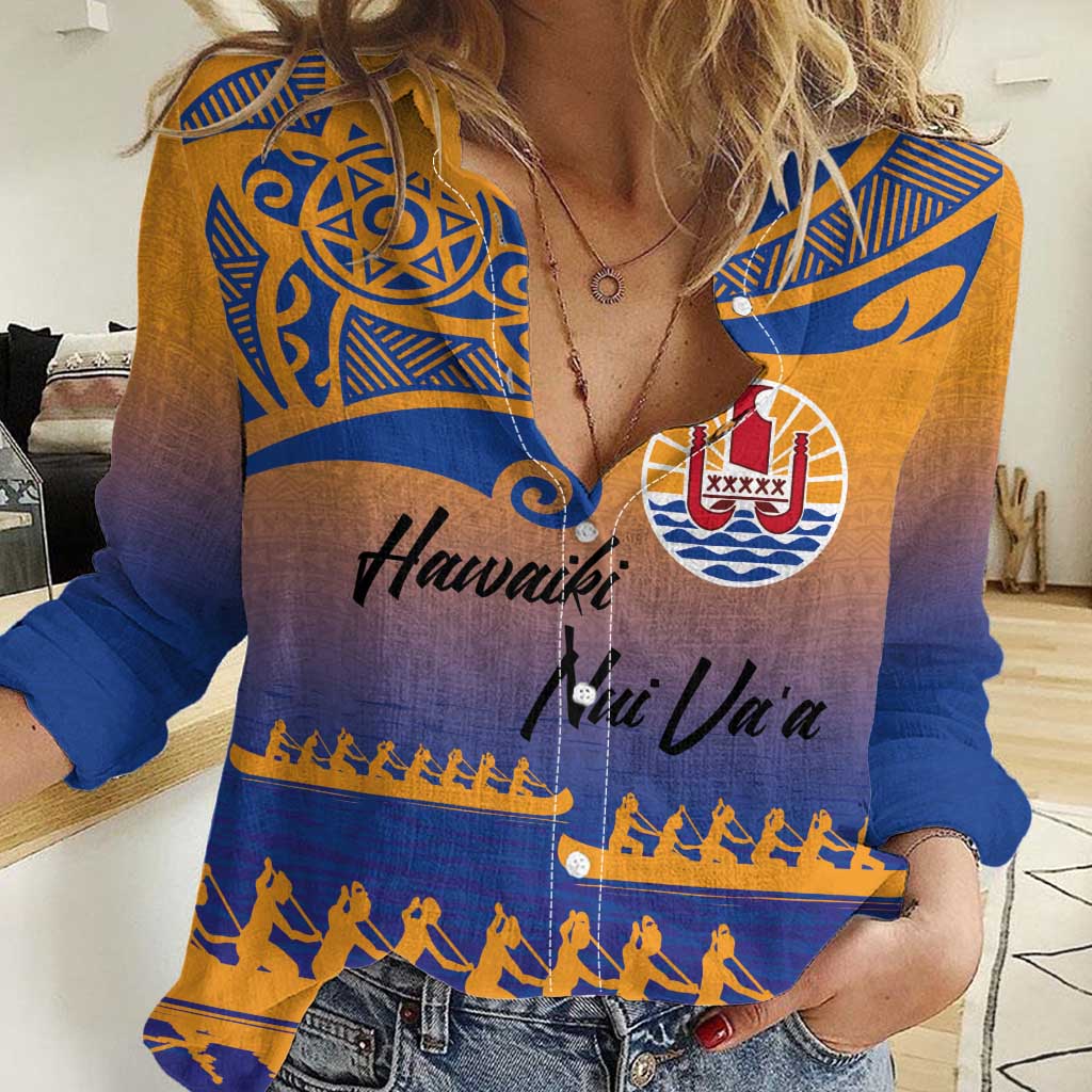 Personalised Hawaiki Nui Va'a French Polynesian Pattern Women Casual Shirt Sunset Color LT03 Female Yellow - Polynesian Pride