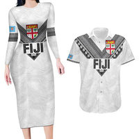 Custom Rugby Fiji Couples Matching Long Sleeve Bodycon Dress and Hawaiian Shirt Fijian Masi Tribal Sporty Style White Color - Polynesian Pride