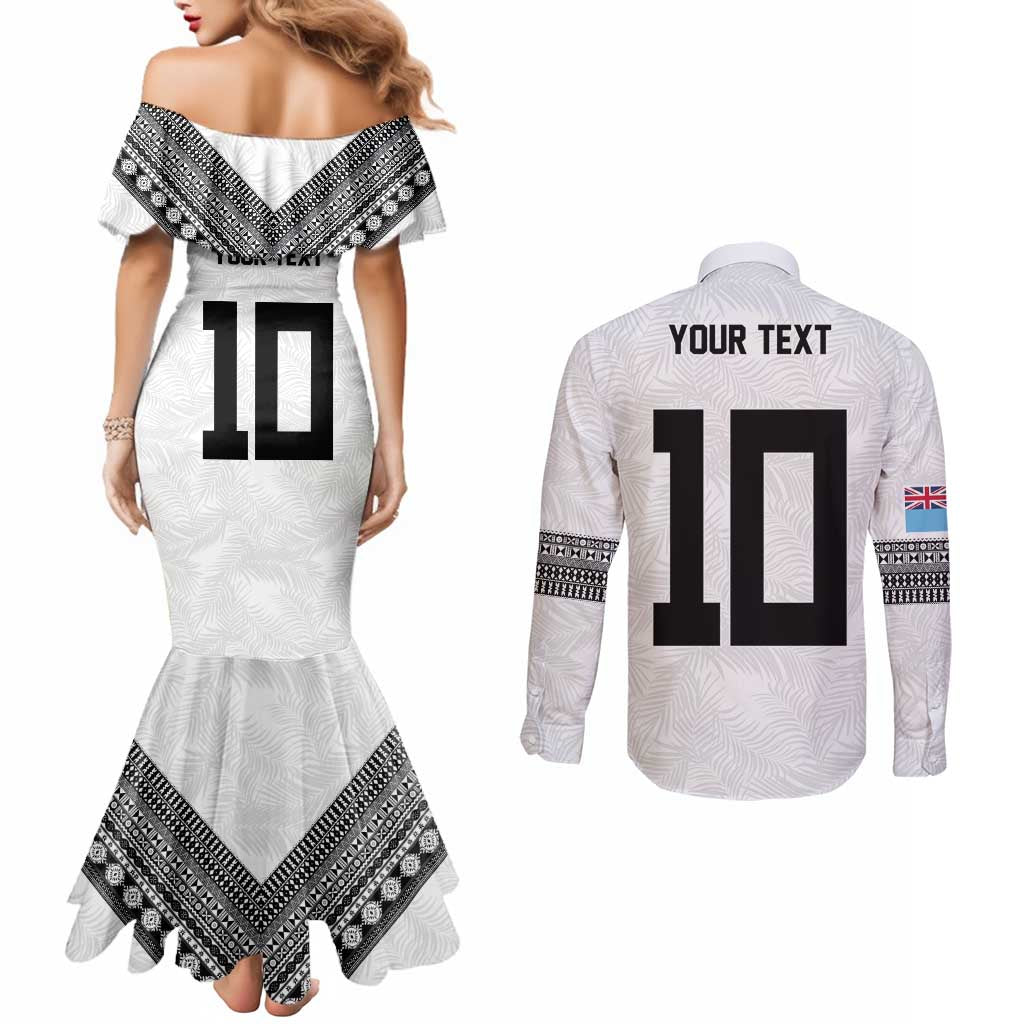 Custom Rugby Fiji Couples Matching Mermaid Dress and Long Sleeve Button Shirt Fijian Masi Tribal Sporty Style White Color - Polynesian Pride