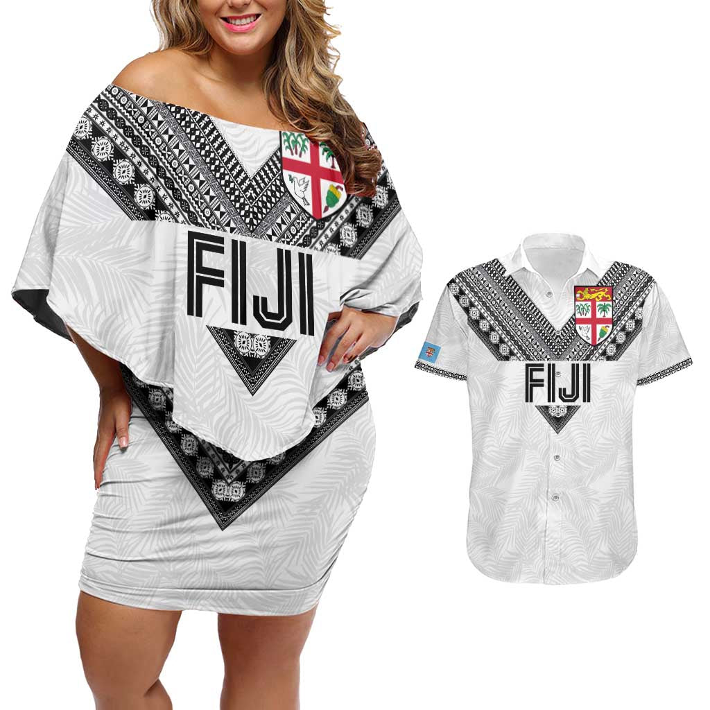 Custom Rugby Fiji Couples Matching Off Shoulder Short Dress and Hawaiian Shirt Fijian Masi Tribal Sporty Style White Color LT03 White - Polynesian Pride