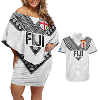 Custom Rugby Fiji Couples Matching Off Shoulder Short Dress and Hawaiian Shirt Fijian Masi Tribal Sporty Style White Color LT03 White - Polynesian Pride