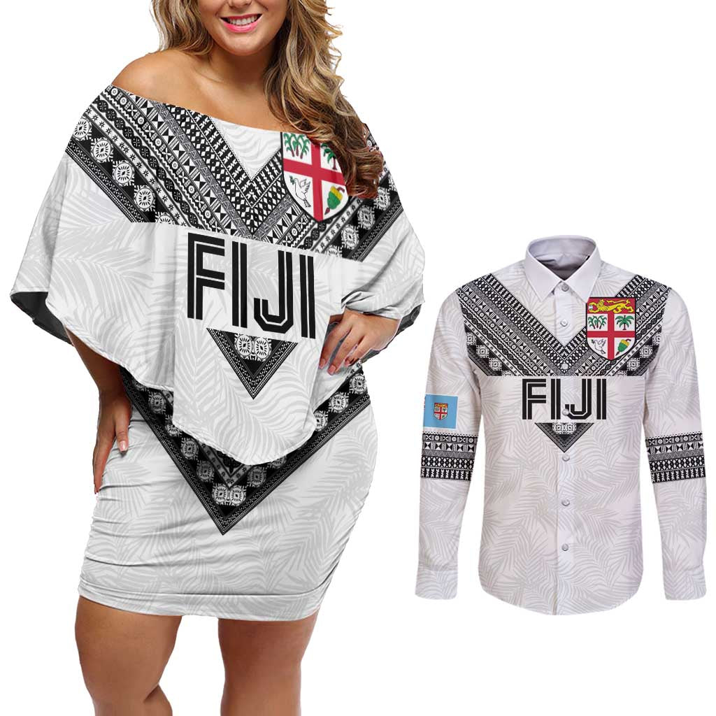 Custom Rugby Fiji Couples Matching Off Shoulder Short Dress and Long Sleeve Button Shirt Fijian Masi Tribal Sporty Style White Color - Polynesian Pride