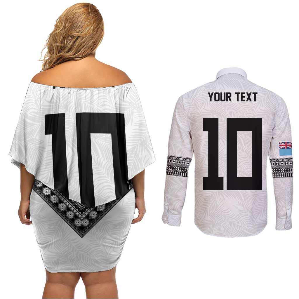 Custom Rugby Fiji Couples Matching Off Shoulder Short Dress and Long Sleeve Button Shirt Fijian Masi Tribal Sporty Style White Color LT03 - Polynesian Pride