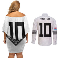 Custom Rugby Fiji Couples Matching Off Shoulder Short Dress and Long Sleeve Button Shirt Fijian Masi Tribal Sporty Style White Color LT03 - Polynesian Pride