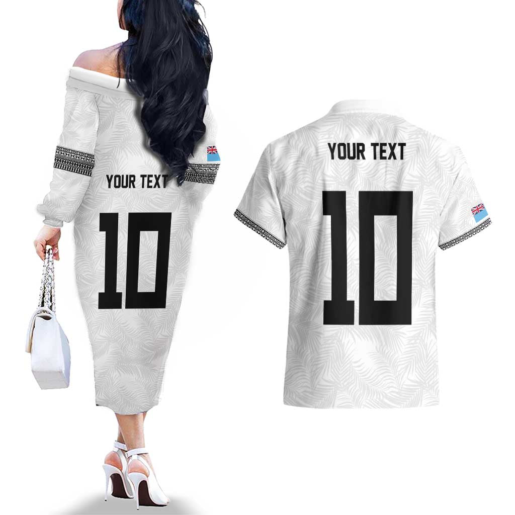 Custom Rugby Fiji Couples Matching Off The Shoulder Long Sleeve Dress and Hawaiian Shirt Fijian Masi Tribal Sporty Style White Color LT03 - Polynesian Pride