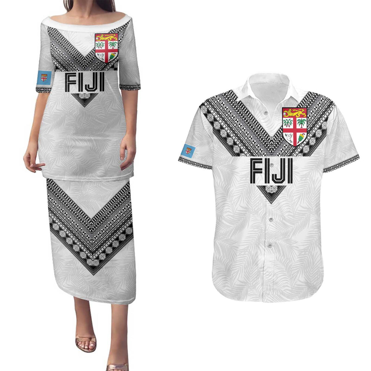 Custom Rugby Fiji Couples Matching Puletasi and Hawaiian Shirt Fijian Masi Tribal Sporty Style White Color - Polynesian Pride