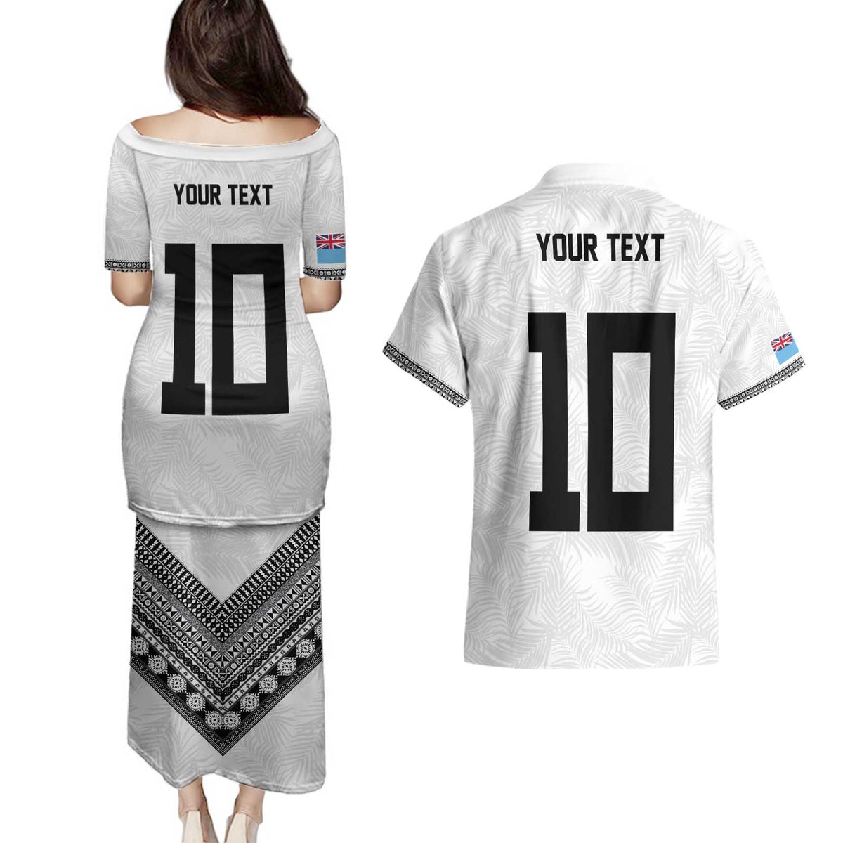 Custom Rugby Fiji Couples Matching Puletasi and Hawaiian Shirt Fijian Masi Tribal Sporty Style White Color - Polynesian Pride