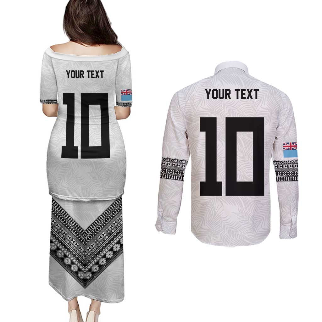 Custom Rugby Fiji Couples Matching Puletasi and Long Sleeve Button Shirt Fijian Masi Tribal Sporty Style White Color - Polynesian Pride