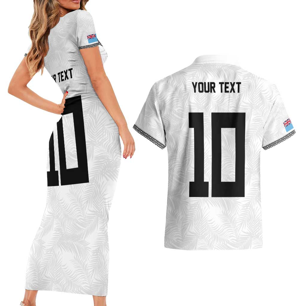 Custom Rugby Fiji Couples Matching Short Sleeve Bodycon Dress and Hawaiian Shirt Fijian Masi Tribal Sporty Style White Color - Polynesian Pride