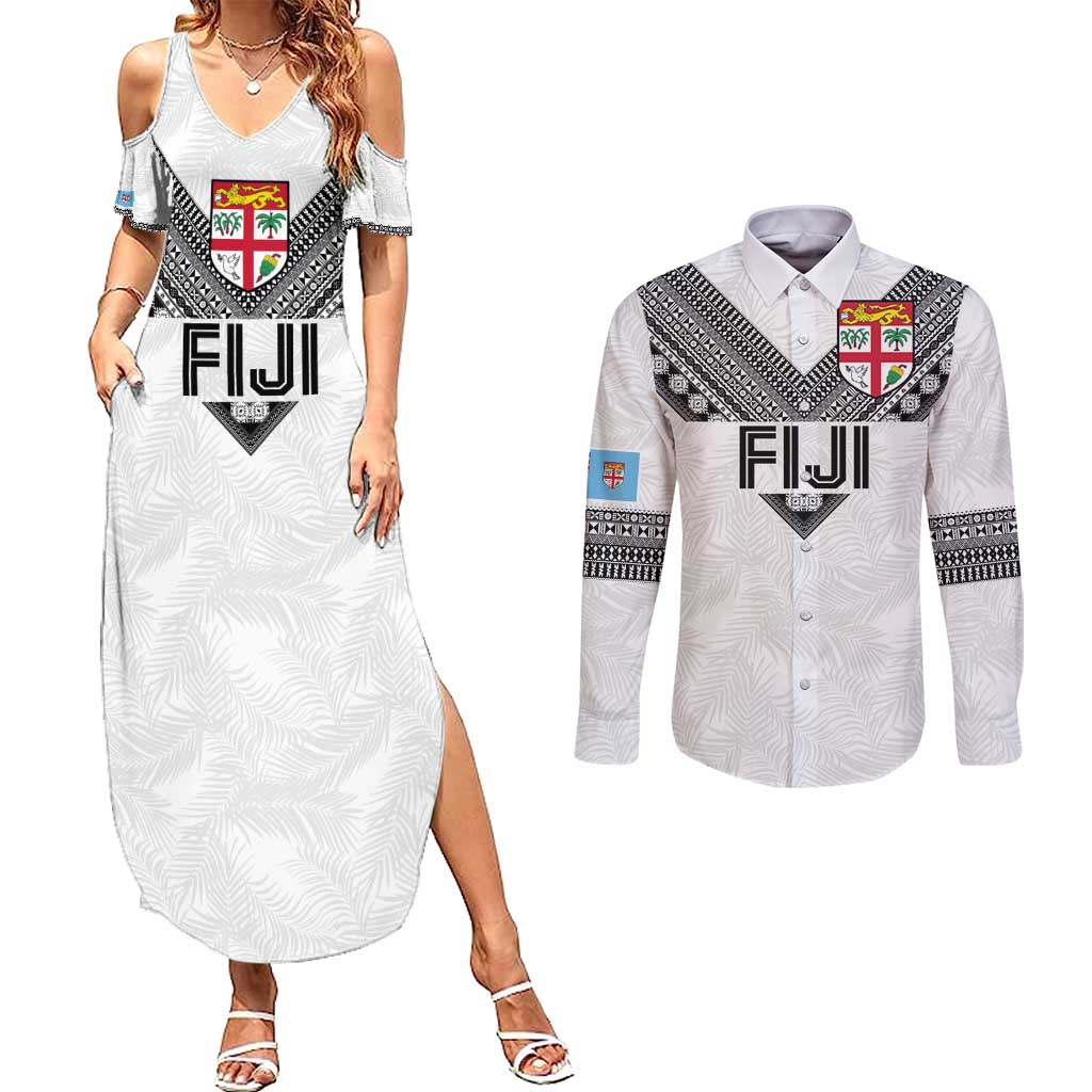 Custom Rugby Fiji Couples Matching Summer Maxi Dress and Long Sleeve Button Shirt Fijian Masi Tribal Sporty Style White Color - Polynesian Pride
