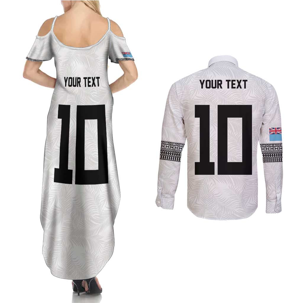 Custom Rugby Fiji Couples Matching Summer Maxi Dress and Long Sleeve Button Shirt Fijian Masi Tribal Sporty Style White Color - Polynesian Pride
