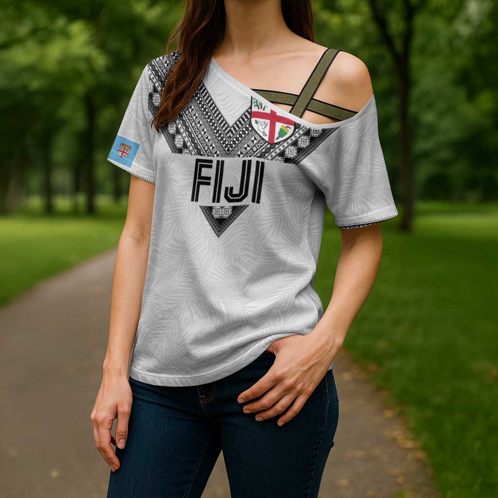 Custom Rugby Fiji Cross Shoulder Shirt Fijian Masi Tribal Sporty Style White Color LT03 - Polynesian Pride