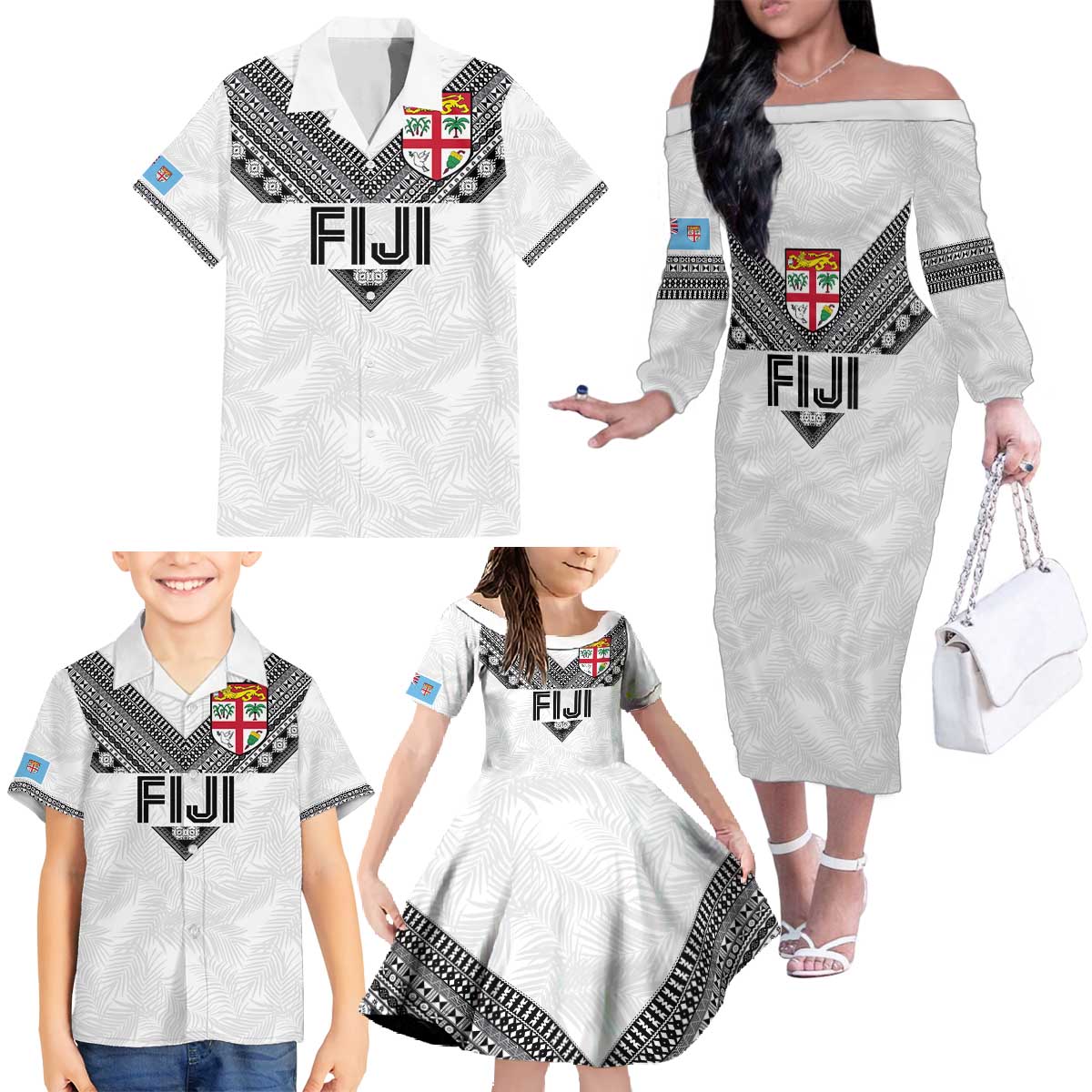 Custom Rugby Fiji Family Matching Off The Shoulder Long Sleeve Dress and Hawaiian Shirt Fijian Masi Tribal Sporty Style White Color LT03 - Polynesian Pride