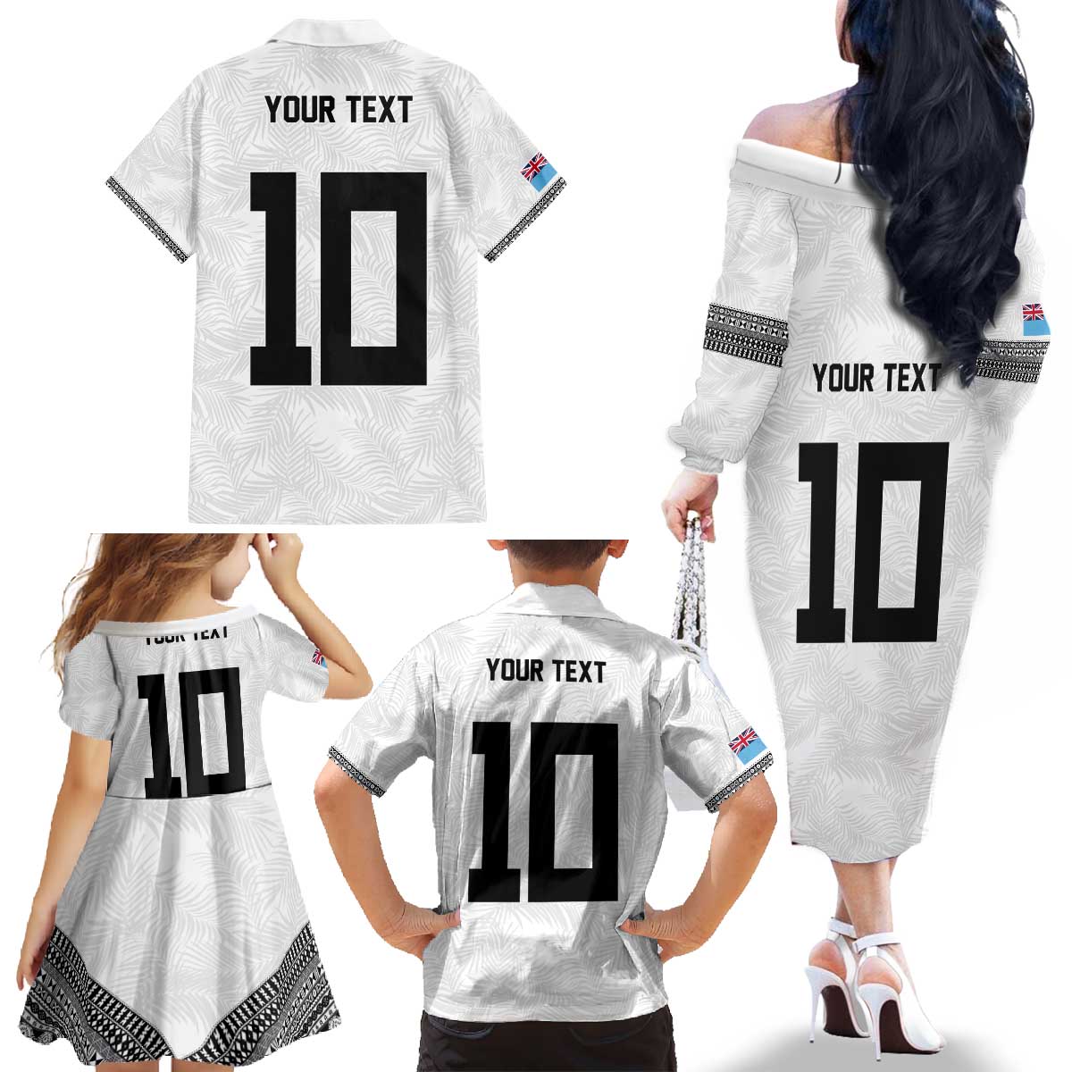 Custom Rugby Fiji Family Matching Off The Shoulder Long Sleeve Dress and Hawaiian Shirt Fijian Masi Tribal Sporty Style White Color LT03 - Polynesian Pride