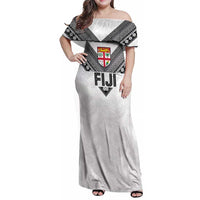 Custom Rugby Fiji Family Matching Off Shoulder Maxi Dress and Hawaiian Shirt Fijian Masi Tribal Sporty Style White Color LT03 Mom's Dress White - Polynesian Pride