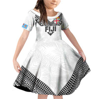 Custom Rugby Fiji Family Matching Off Shoulder Short Dress and Hawaiian Shirt Fijian Masi Tribal Sporty Style White Color LT03 Daughter's Dress White - Polynesian Pride