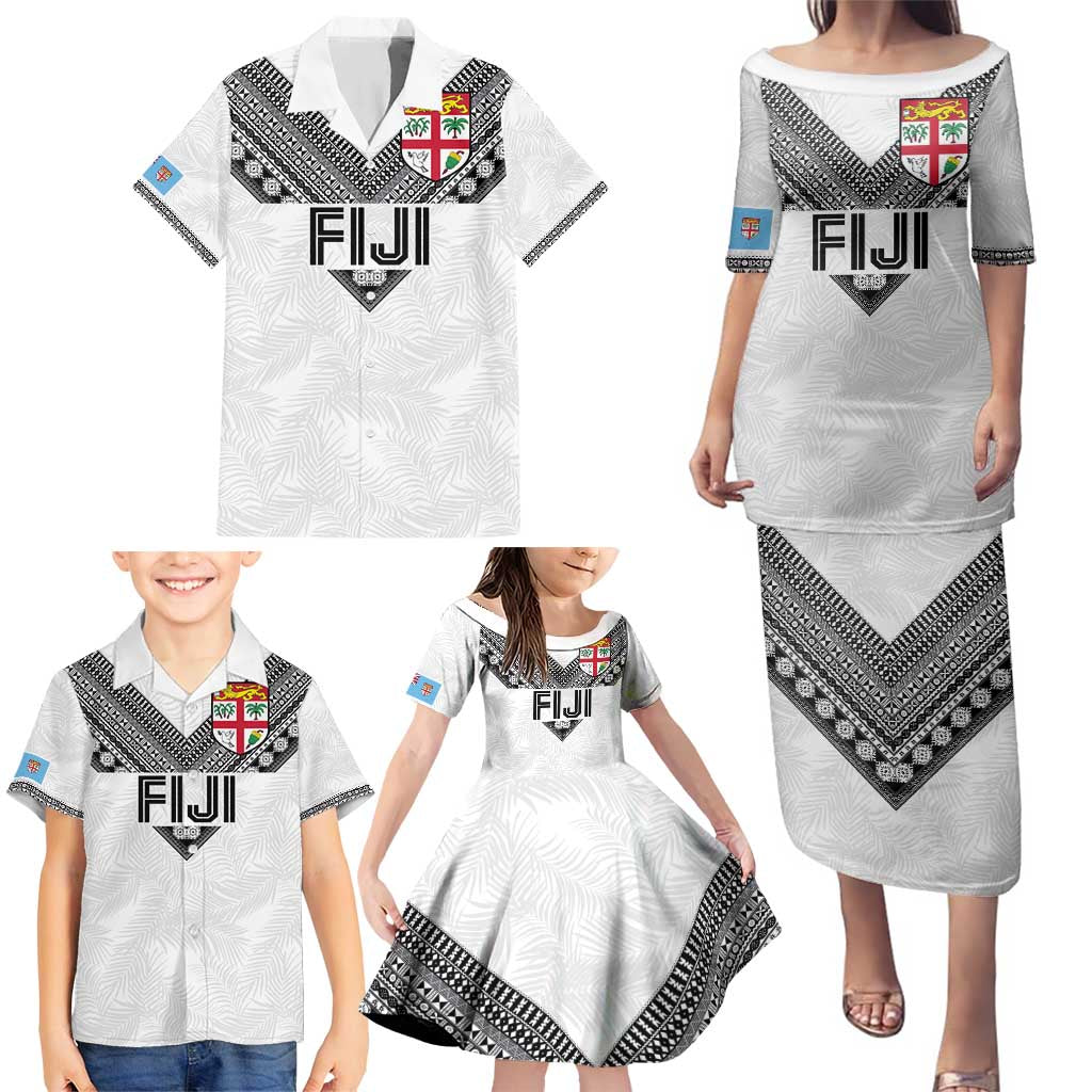 Custom Rugby Fiji Family Matching Puletasi and Hawaiian Shirt Fijian Masi Tribal Sporty Style White Color - Polynesian Pride