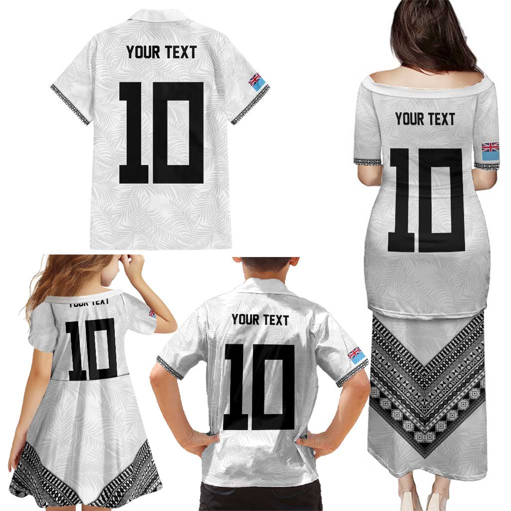 Custom Rugby Fiji Family Matching Puletasi and Hawaiian Shirt Fijian Masi Tribal Sporty Style White Color - Polynesian Pride