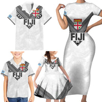 Custom Rugby Fiji Family Matching Short Sleeve Bodycon Dress and Hawaiian Shirt Fijian Masi Tribal Sporty Style White Color LT03 - Polynesian Pride