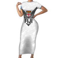 Custom Rugby Fiji Family Matching Short Sleeve Bodycon Dress and Hawaiian Shirt Fijian Masi Tribal Sporty Style White Color LT03 Mom's Dress White - Polynesian Pride