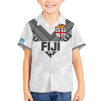 Custom Rugby Fiji Family Matching Short Sleeve Bodycon Dress and Hawaiian Shirt Fijian Masi Tribal Sporty Style White Color LT03 Son's Shirt White - Polynesian Pride