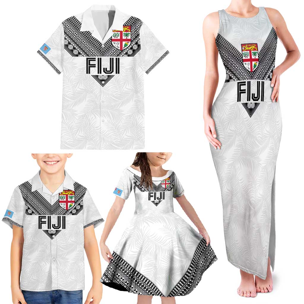 Custom Rugby Fiji Family Matching Tank Maxi Dress and Hawaiian Shirt Fijian Masi Tribal Sporty Style White Color LT03 - Polynesian Pride