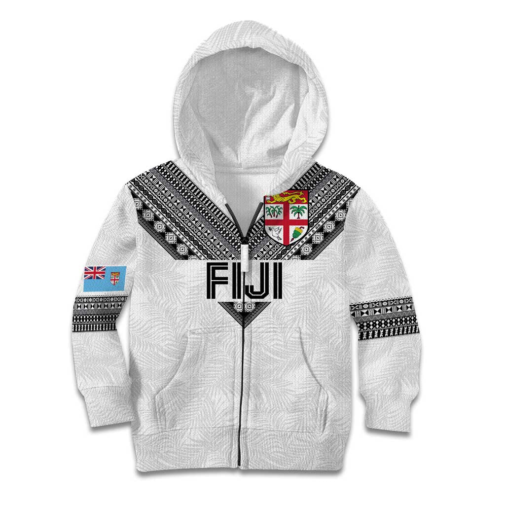 Custom Rugby Fiji Kid Hoodie Fijian Masi Tribal Sporty Style White Color LT03 Zip Hoodie White - Polynesian Pride