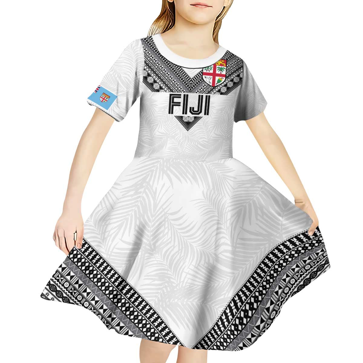 Custom Rugby Fiji Kid Short Sleeve Dress Fijian Masi Tribal Sporty Style White Color LT03 - Polynesian Pride