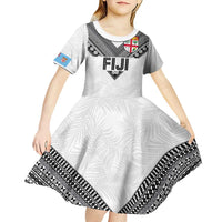 Custom Rugby Fiji Kid Short Sleeve Dress Fijian Masi Tribal Sporty Style White Color LT03 - Polynesian Pride