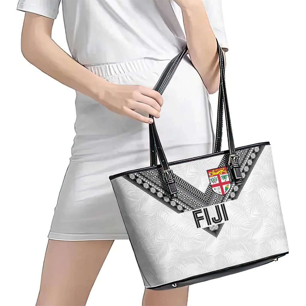 Rugby Fiji Leather Tote Bag Fijian Masi Tribal Sporty Style White Color LT03 - Polynesian Pride