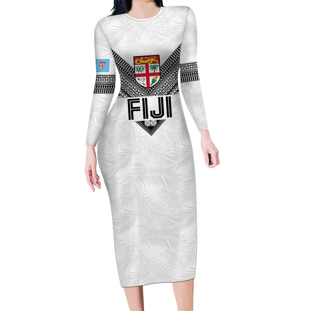 Custom Rugby Fiji Long Sleeve Bodycon Dress Fijian Masi Tribal Sporty Style White Color LT03 Long Dress White - Polynesian Pride