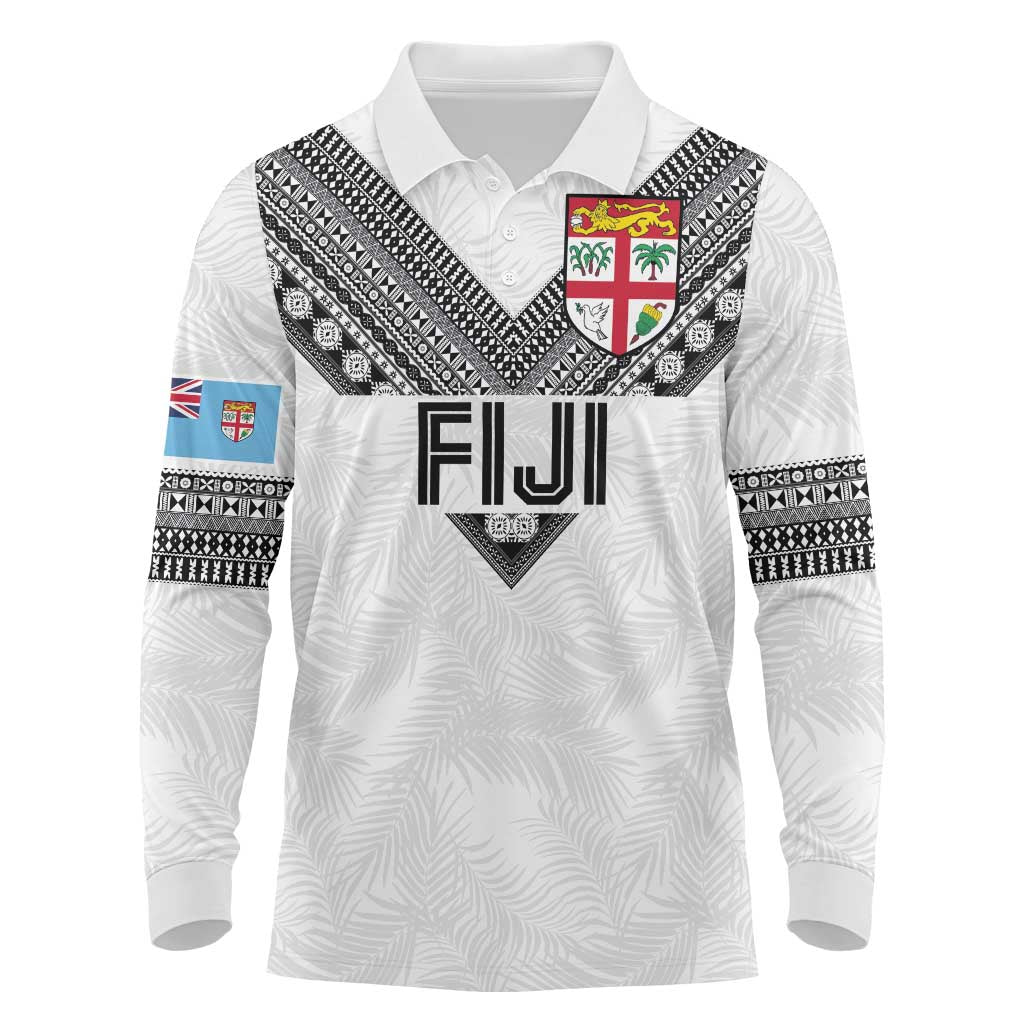 Custom Rugby Fiji Long Sleeve Polo Shirt Fijian Masi Tribal Sporty Style White Color LT03 White - Polynesian Pride