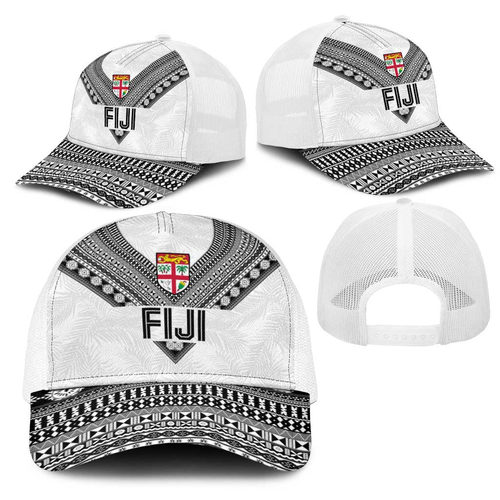 Rugby Fiji Mesh Trucker Cap Fijian Masi Tribal Sporty Style White Color - Polynesian Pride