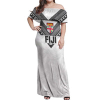 Custom Rugby Fiji Off Shoulder Maxi Dress Fijian Masi Tribal Sporty Style White Color LT03 Women White - Polynesian Pride