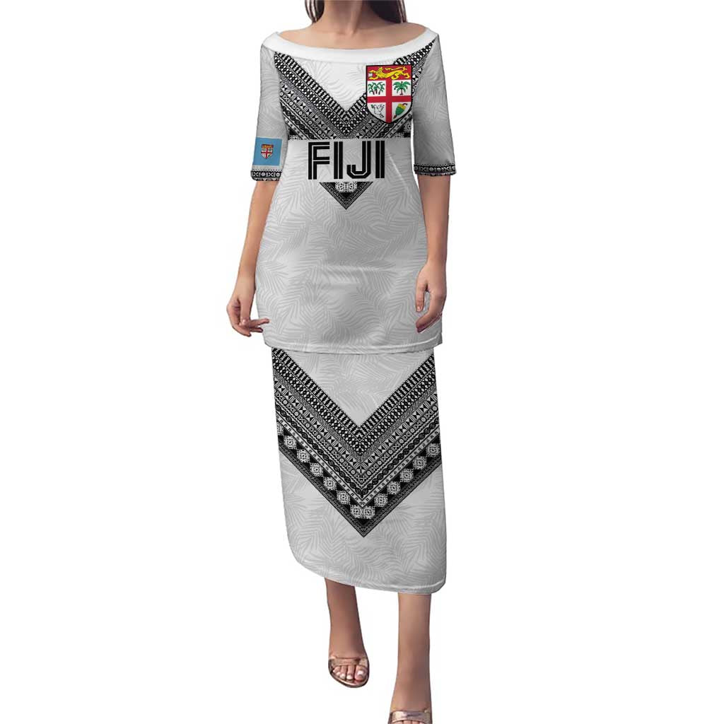 Custom Rugby Fiji Puletasi Fijian Masi Tribal Sporty Style White Color LT03 Long Dress White - Polynesian Pride