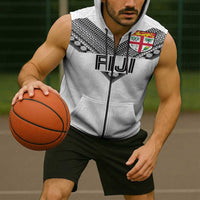 Custom Rugby Fiji Sleeveless Zip Hoodie Fijian Masi Tribal Sporty Style White Color LT03 - Polynesian Pride