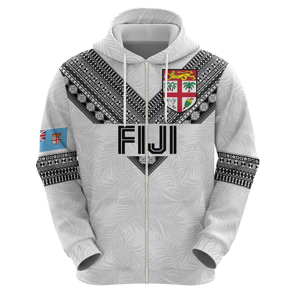 Custom Rugby Fiji Zip Hoodie Fijian Masi Tribal Sporty Style White Color LT03 - Polynesian Pride